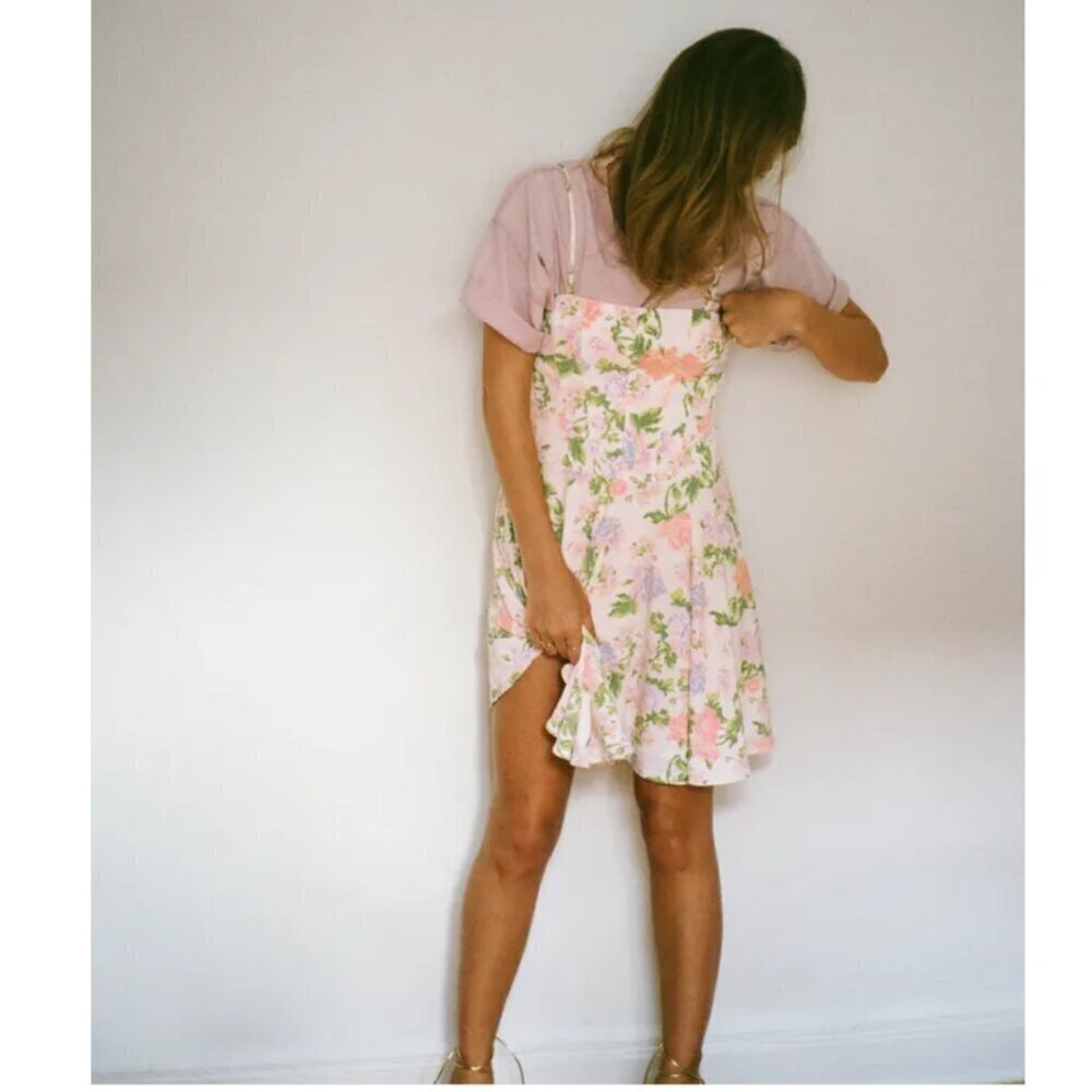 Zara Pink Floral Mini Dress with Green Accents